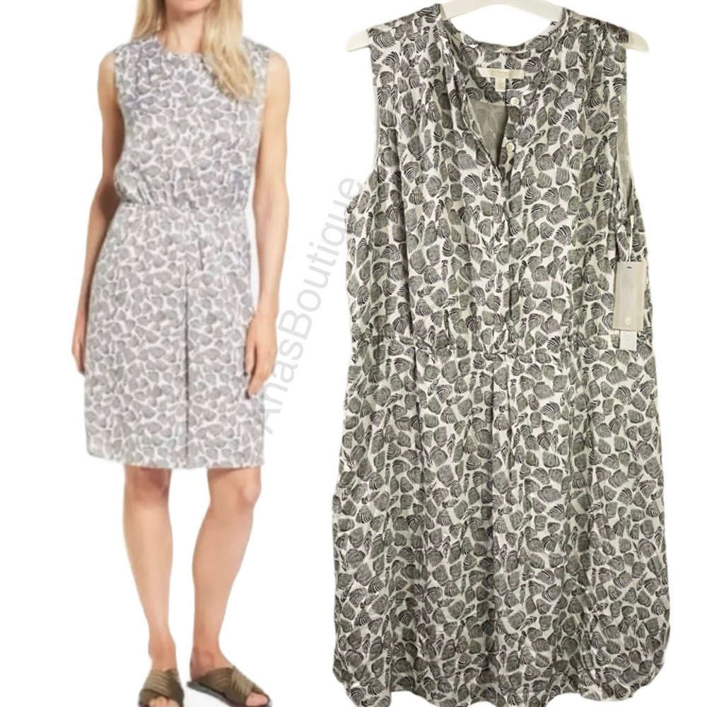 Nordstrom silk lining ivory sleeveless w/pockets dress leaf print Size XLarge